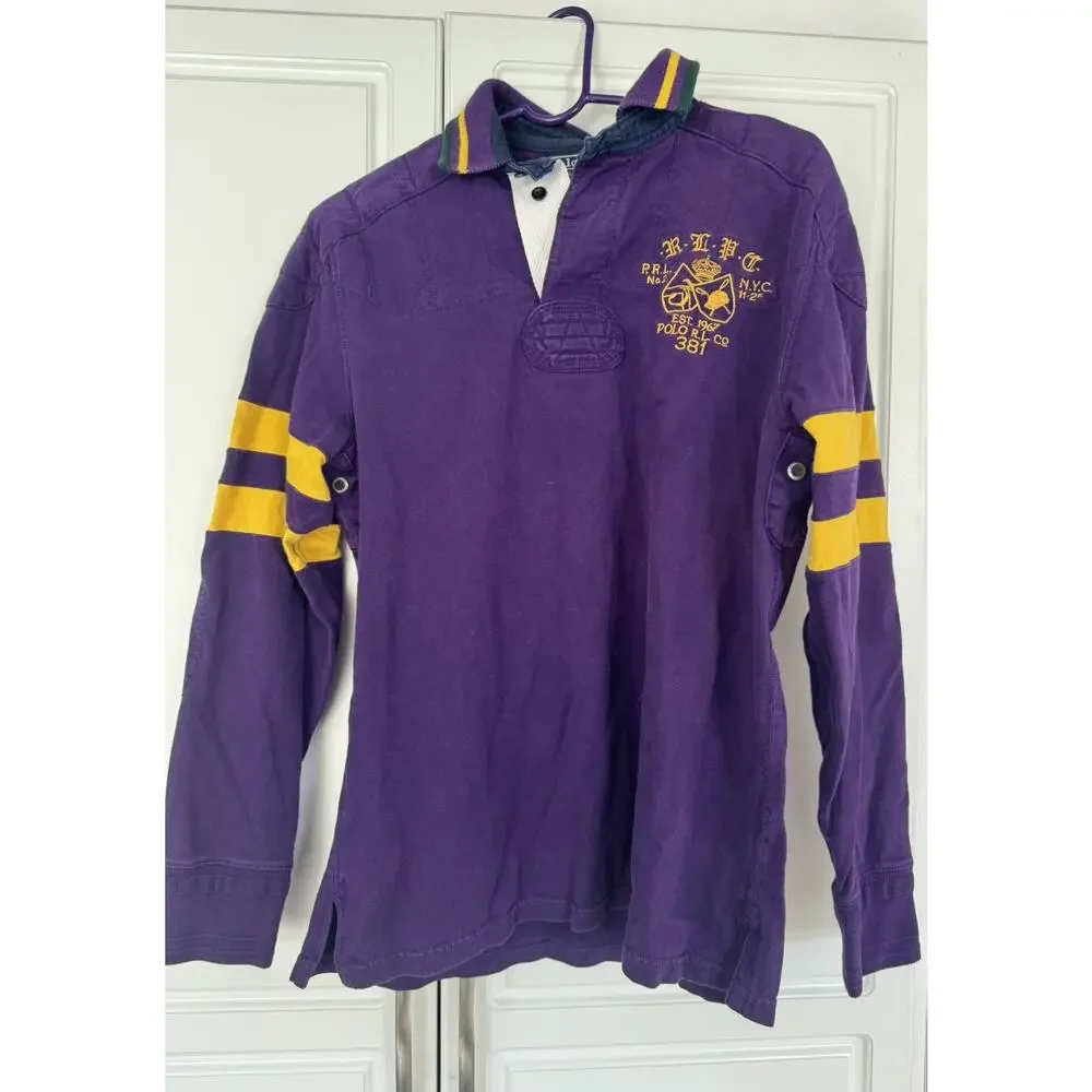 Vintage Polo Ralph Lauren Custom Rugby Shirt Yellow + Purple Size Small